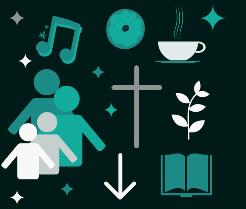 Varoious Icons; Bible, Coffee, Cross, People, Music notes etc.